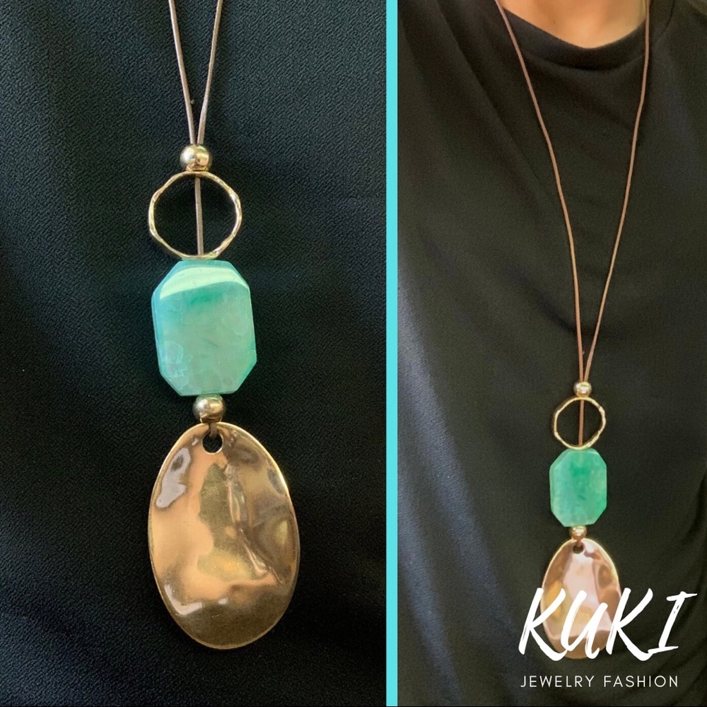 Long Necklace Resin green Stone Drop